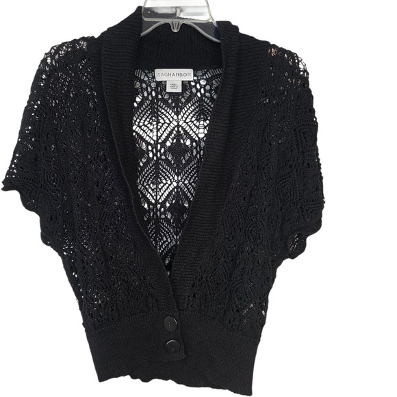 Sag Harbor Black Crochet Knit Short Sleeve Shawl Collar Cardigan Shrug Small - Picture 10 of 11